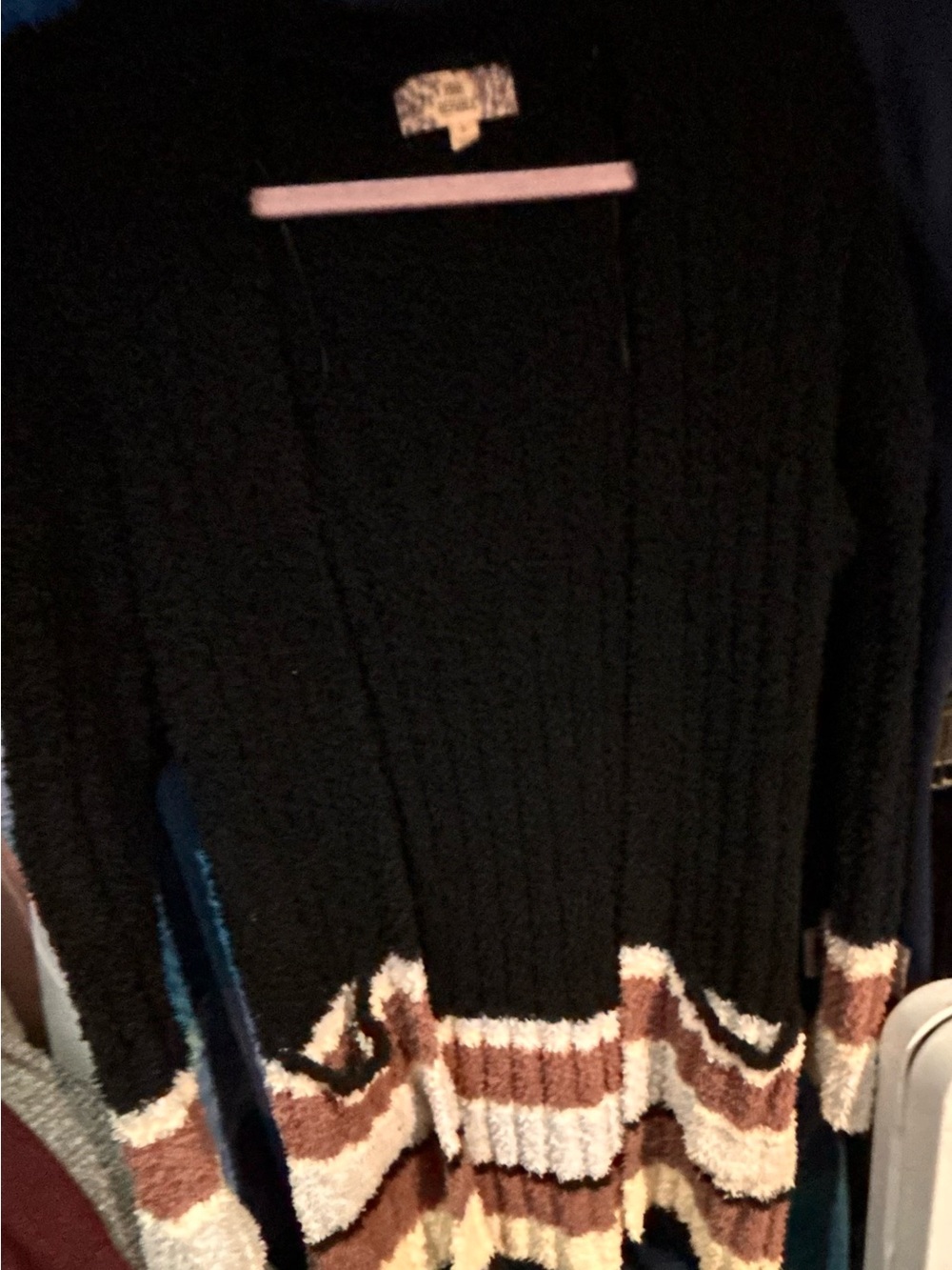 Pink Republic Black Open-Front Cardigan with Brown and Cream Stripes